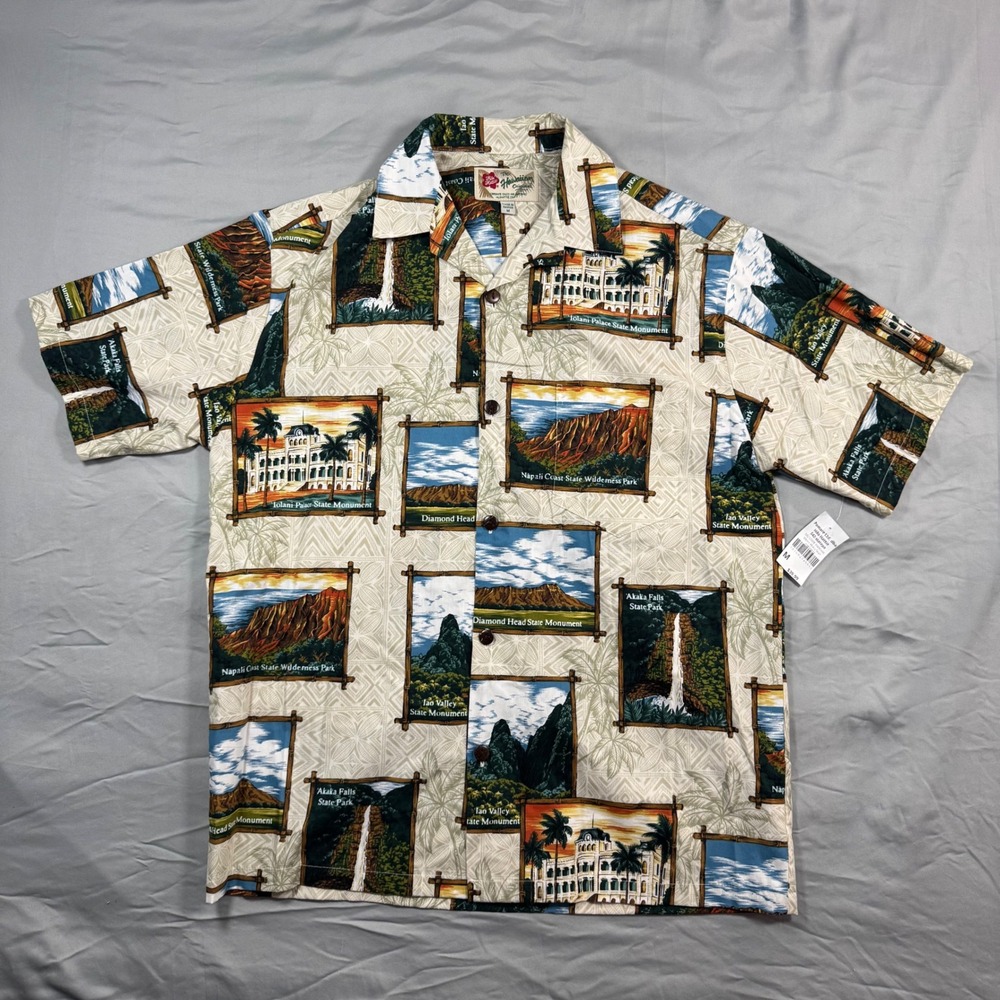 NWT Hilo Hattie Mens‎ Aloha Shirt Medium Cream 542 Hawaii State Park Tropical